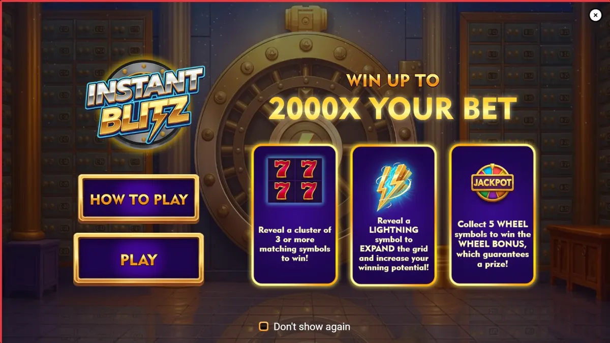 Tampilan visual slot Instant Blitz dengan tema brankas neon dan simbol emas.