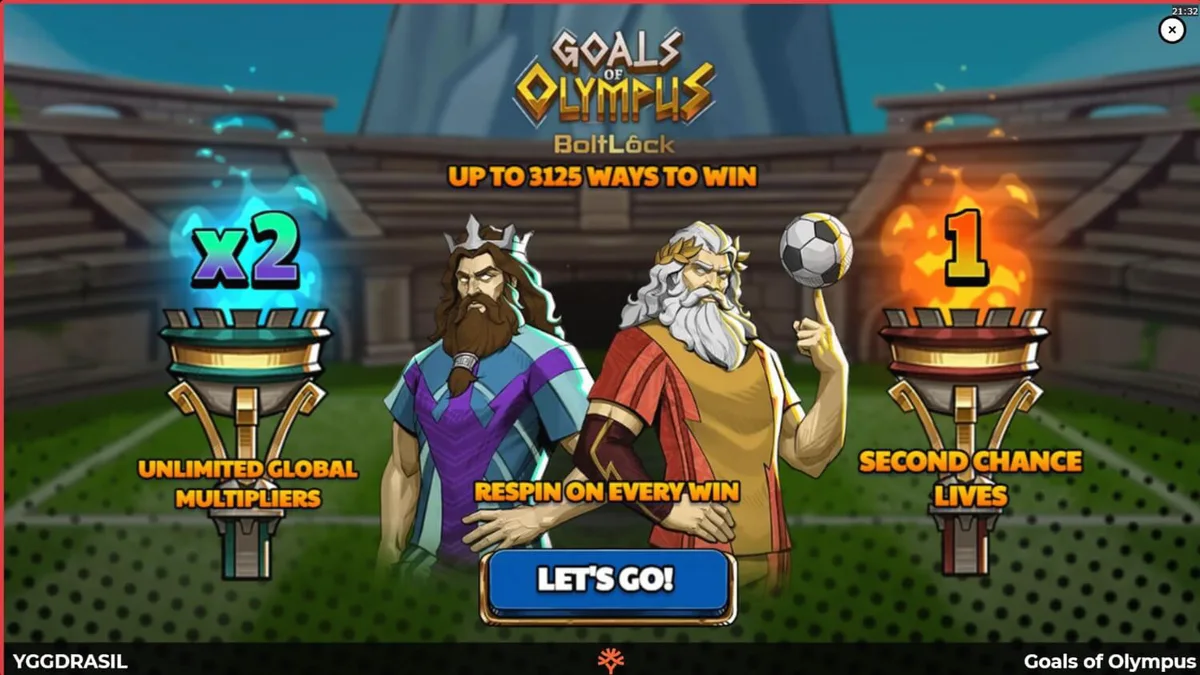 Tampilan visual slot Goals of Olympus BoltLock dengan tema stadion dan mitologi Yunani